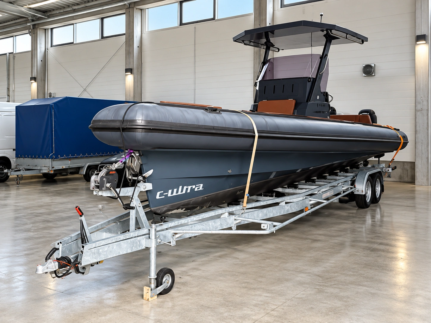Dark grey boat in the hall
